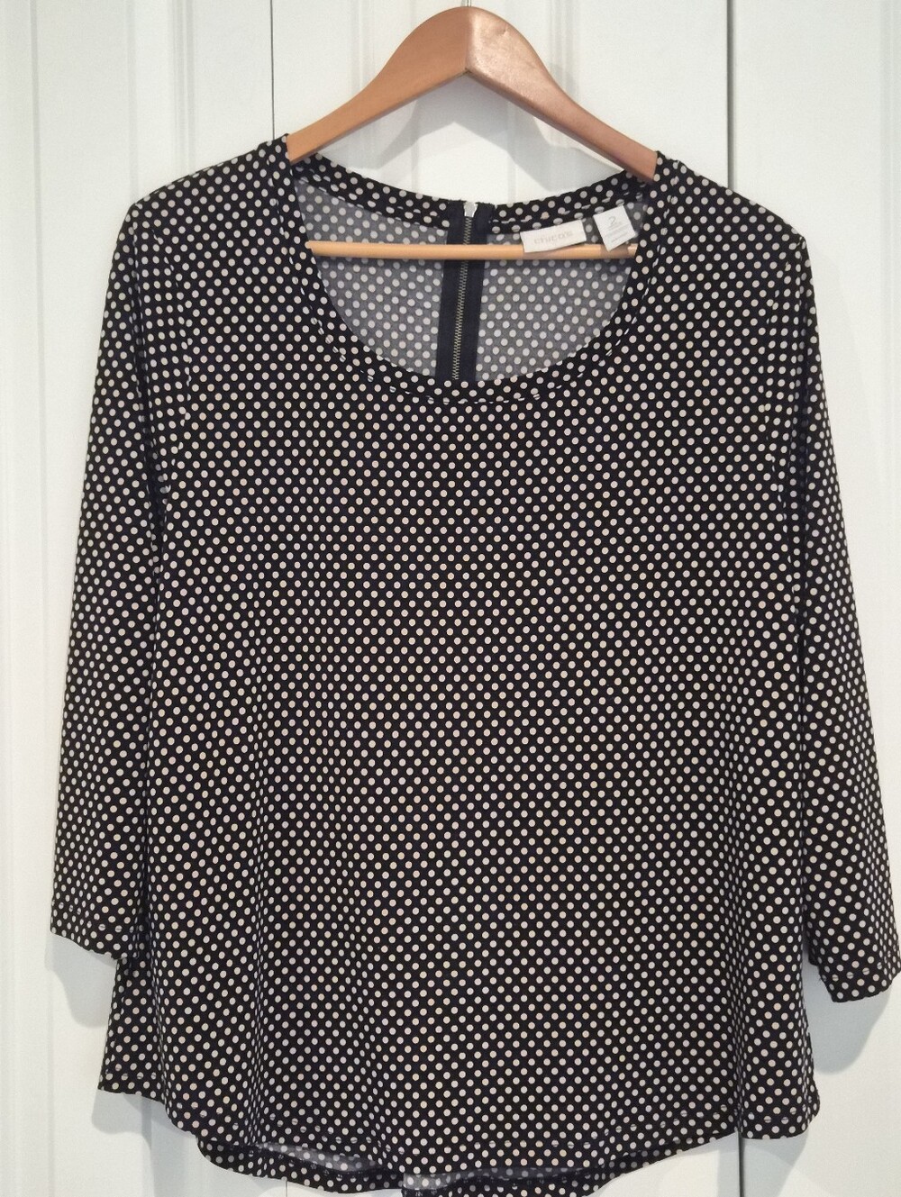 Chico's Polka Dot Knit 3/4 Sleeve Top Size 2 (12) Black Tan Back Zipper Stretch